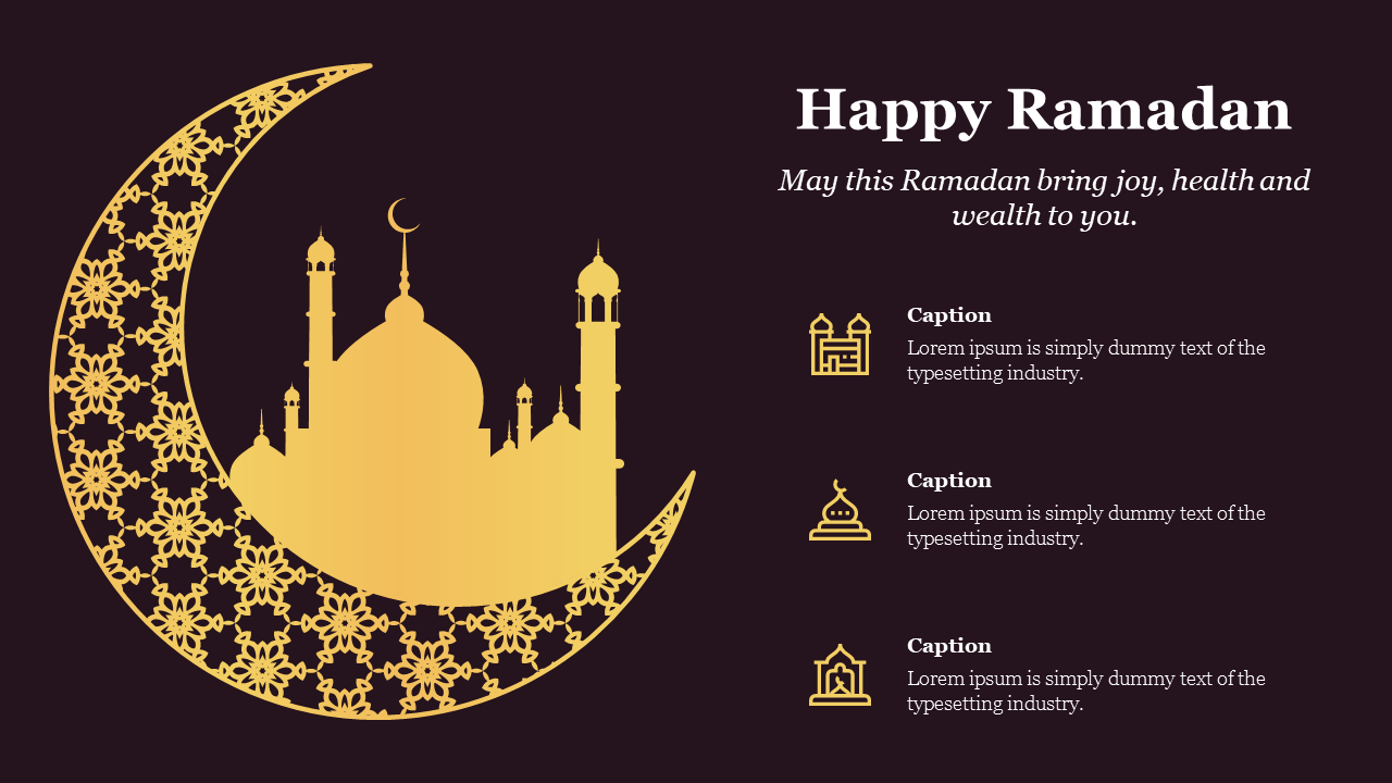 Ramadan themed slide with a golden mosque in a crescent moon and three icons with captions, set against a dark backdrop.