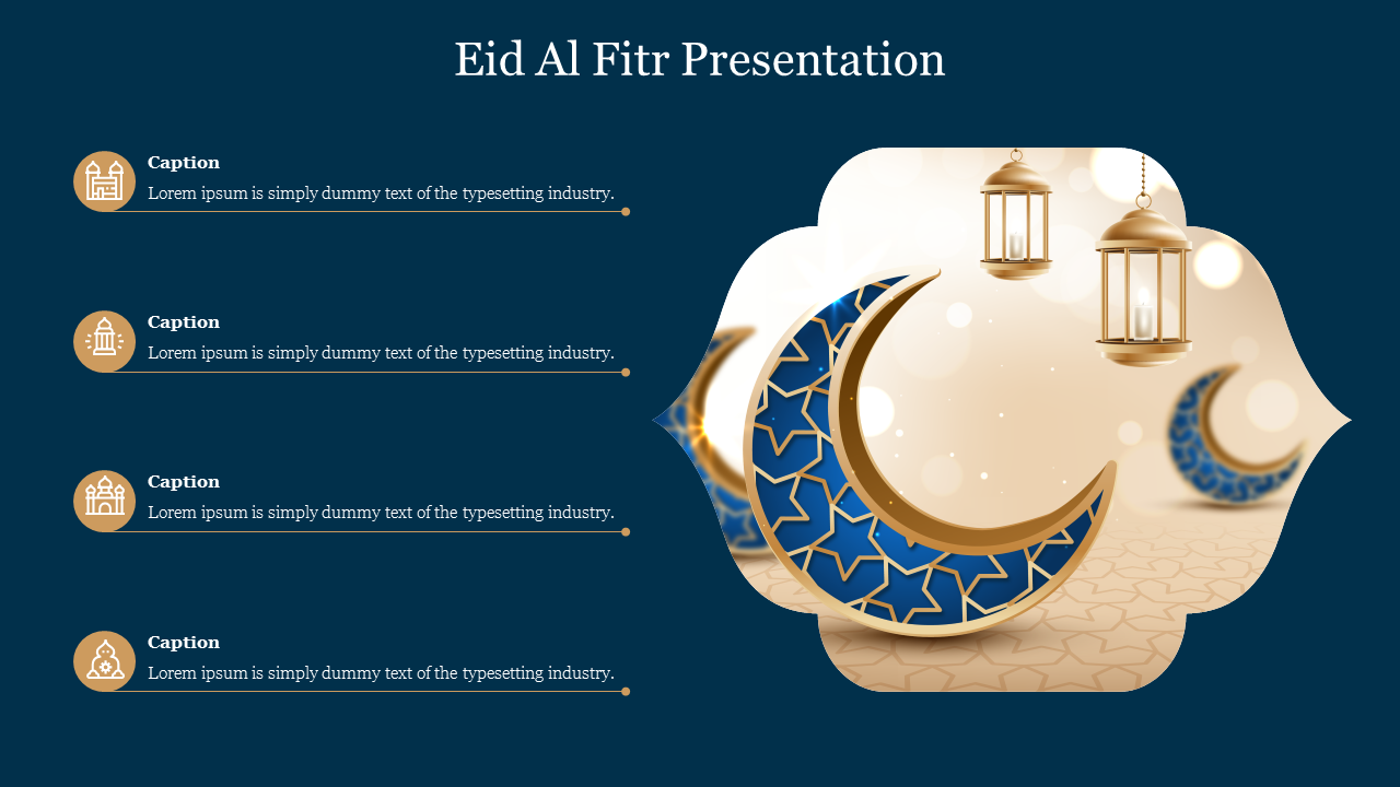 Elegant Eid Al fitr slide featuring a crescent moon and lanterns against a blue background, with placeholders for captions.