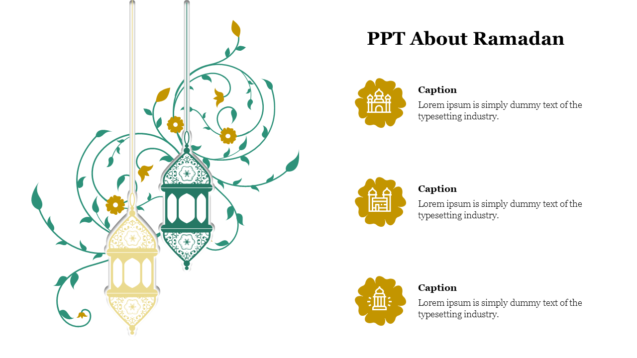 Green and gold Ramadan lanterns with swirling floral designs, and three icons with captions on the right.