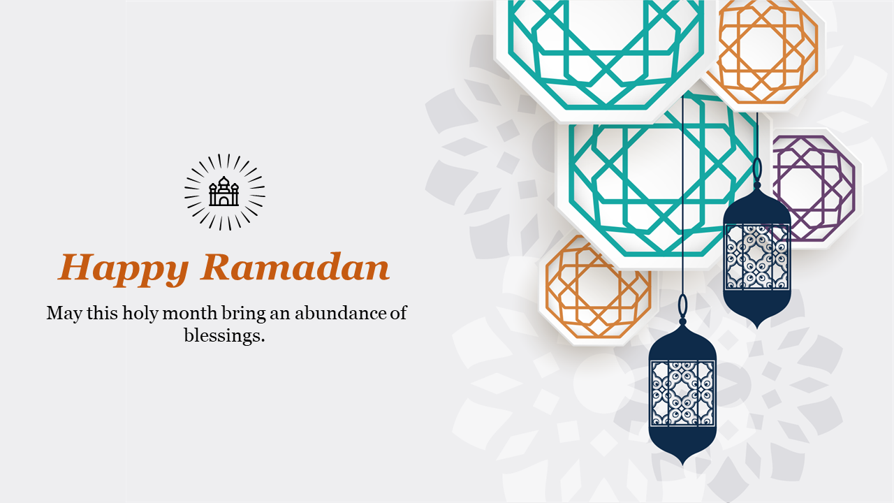 Ramadan slide with geometric patterns in green, orange, and purple with hanging navy lanterns on a light patterned backdrop.