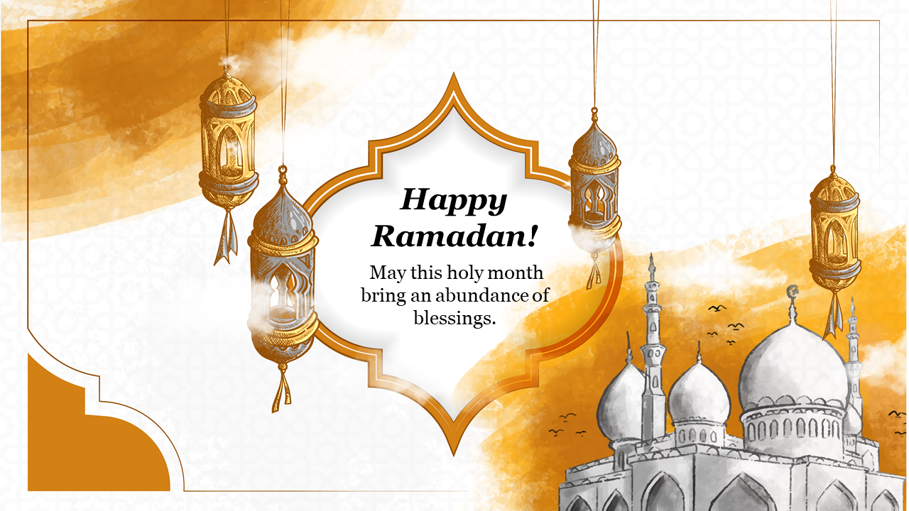 Ramadan themed slide with decorative lanterns and a mosque illustration, featuring the message.