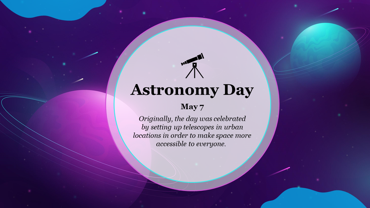 Astronomy day dated on May 7 inside a circular frame, set against a cosmic purple background with planets and orbiting lines.