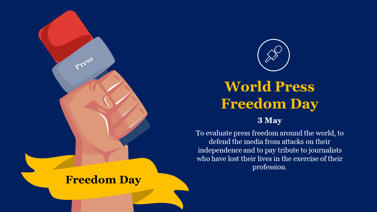 Illustration of a hand holding a microphone with a yellow ribbon below, and text about press freedom on a blue background.