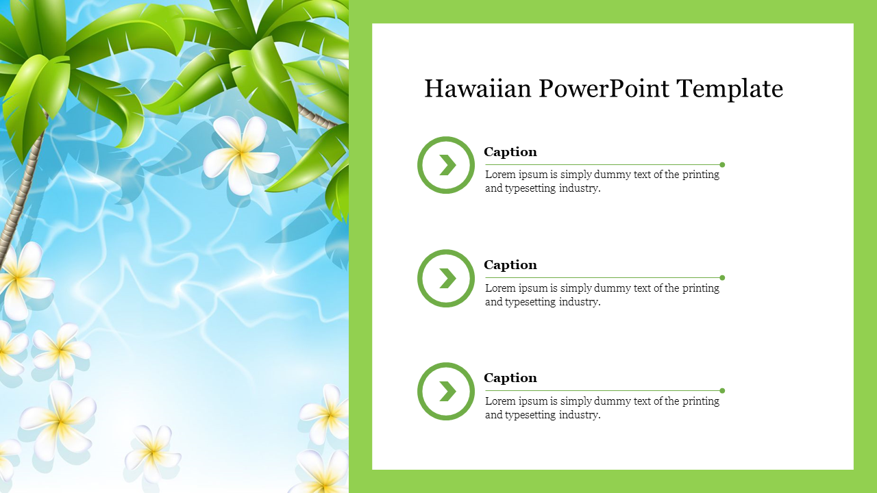 Tropical beach themed background with palm trees and flowers, and green bordered text box with captions on the right.