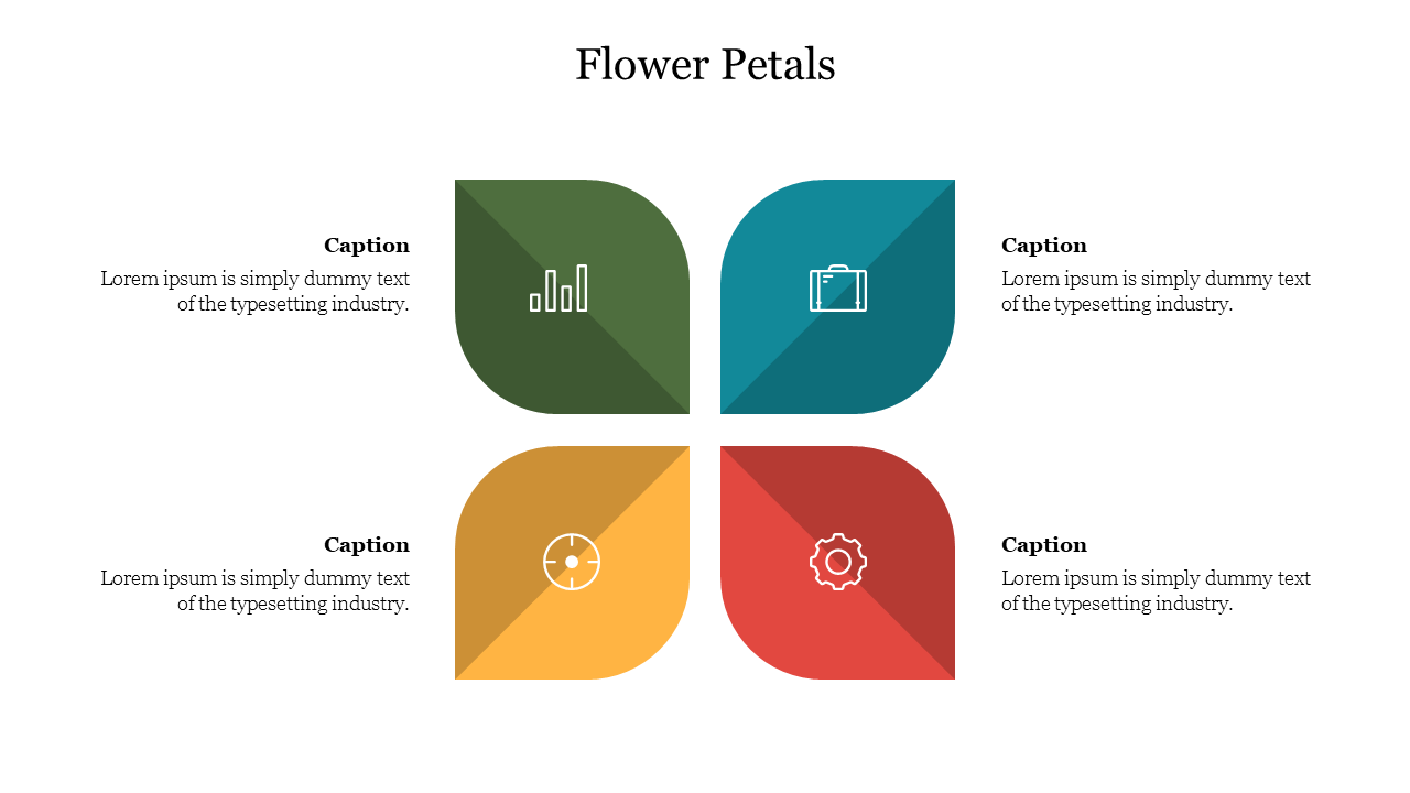 Slide with four colored petals in green, blue, yellow, and red, arranged in a flower shape, each with icon and captions.