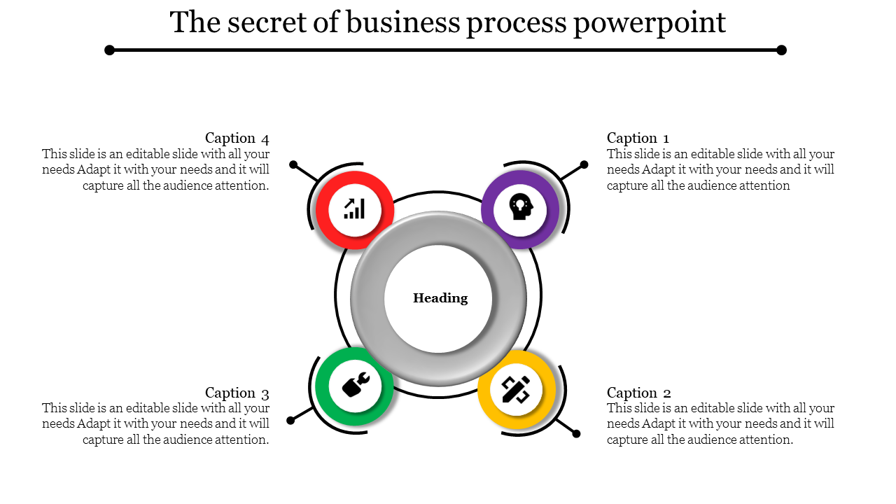 Business process slide with four colorful icons surrounding a central circle, illustrating different steps and processes.