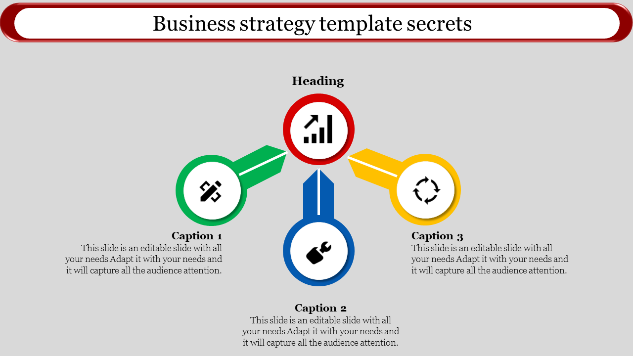 Business strategy slide with three interconnected icons for links, growth, and cycles, with captions describing each element.