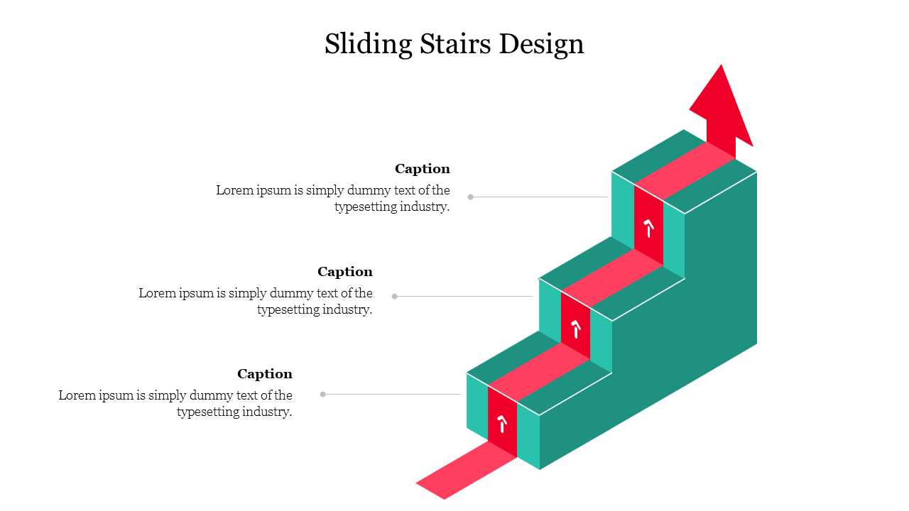 Stylized ascending stairs with red steps, each linked with upward arrows, and three captions areas.