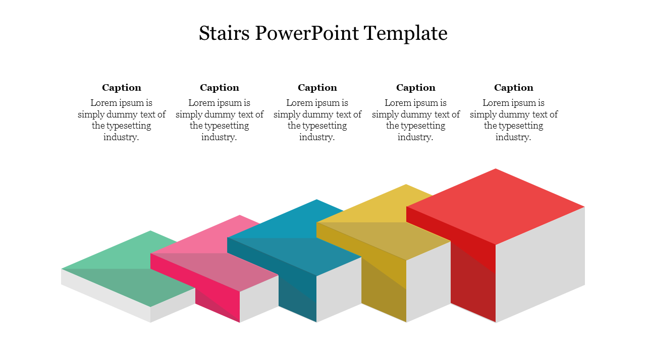 3D stair step diagram with five ascending blocks in green, pink, blue, yellow, and red, each with a caption above.