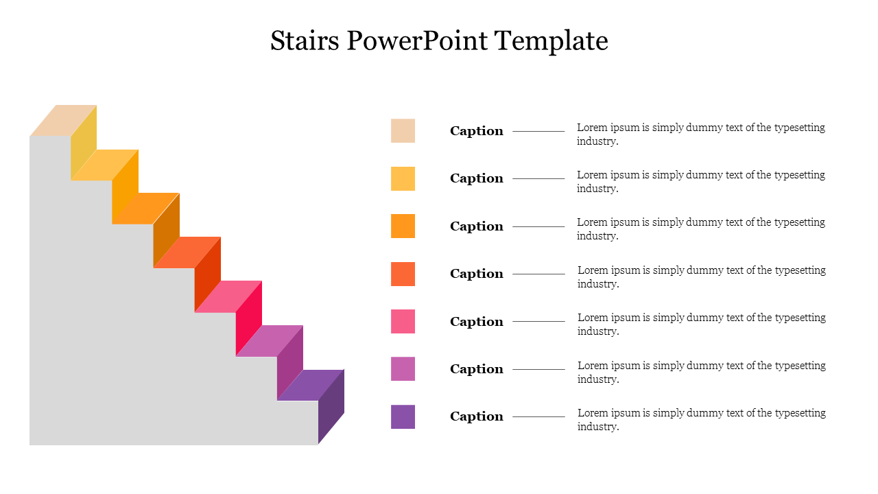 A colorful 3D staircase graphic with eight steps in gradient hues from beige to purple, with matching captions.