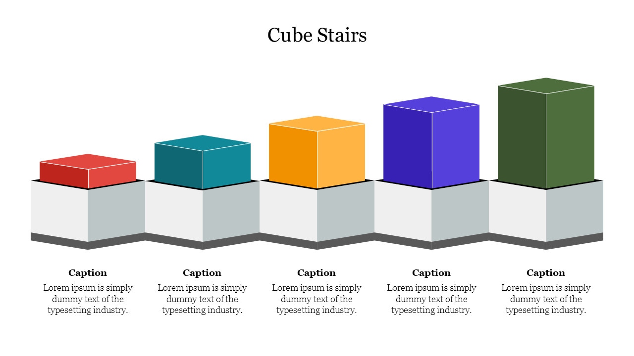 A colorful cube stairs diagram featuring multiple stacked cubes in various colors, with placeholders for captions.