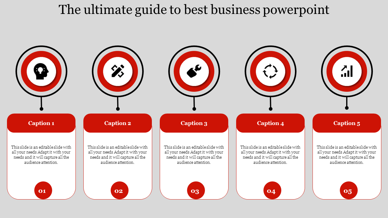 Business template with five icons representing process, tools, cycle, and growth above red vertical captions areas.