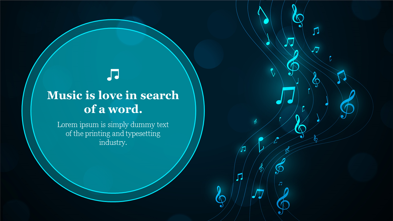 Dark background with glowing musical notes and a circular quote about music.