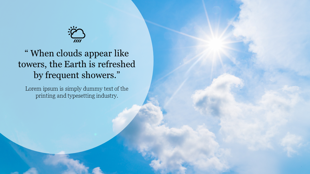 Bright blue sky with scattered clouds, sunlight radiating and a weather-themed quote in a circular overlay.