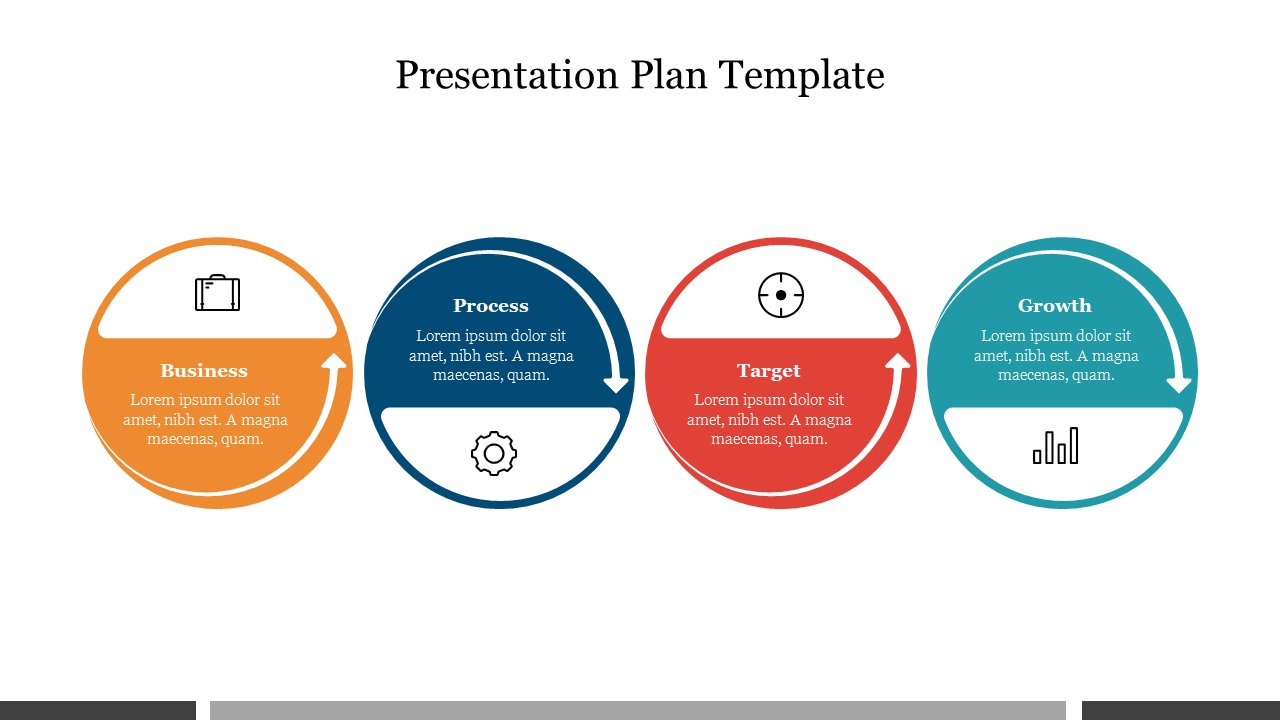 Colorful circular infographic slide showing a business plan process with stages each with icons and text captions.