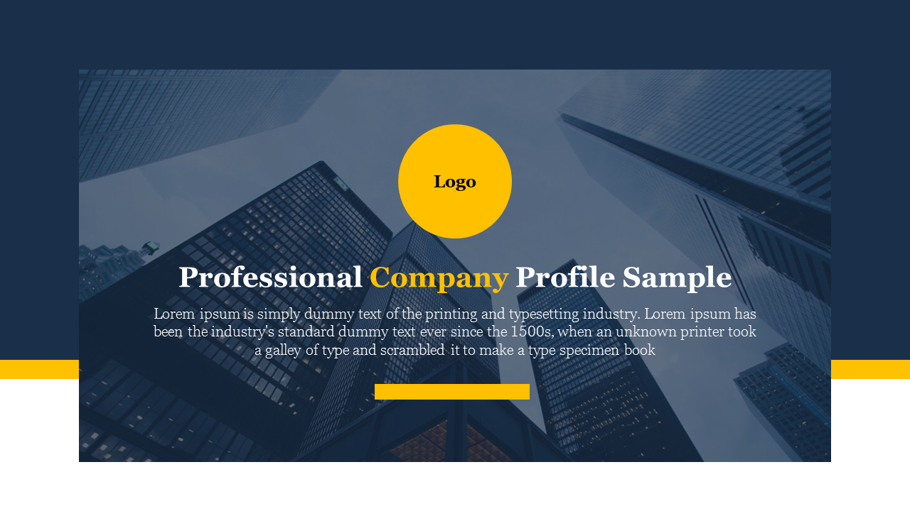 Slide showcasing a dark business skyline, a yellow circle for a logo, and text for a professional company profile.