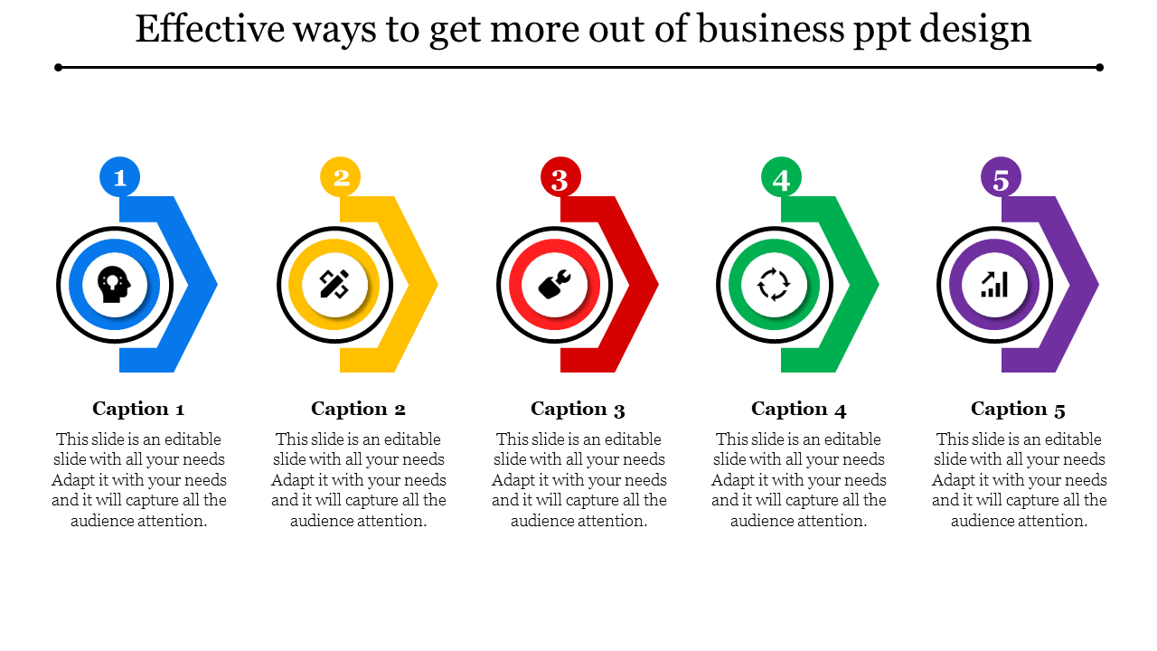 Business PPT slide showing five icons for brainstorming, planning, tool usage, recycling, and analysis with captions.