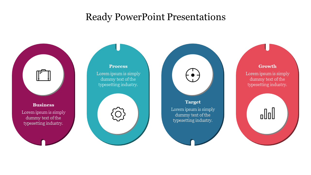 Infographic with four colored ready made colour coded oval segments each containing a title, description, and an icon.