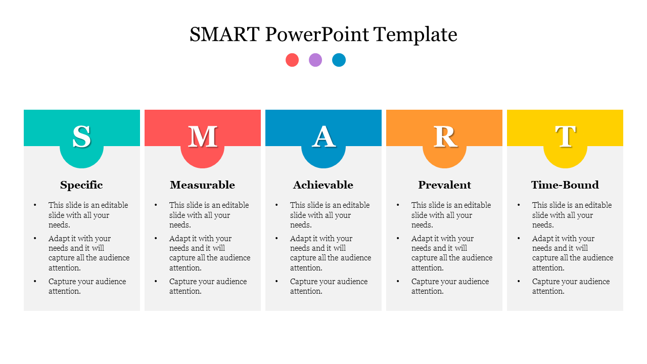 Colorful SMART goal slide explaining the components with placeholder text for each.