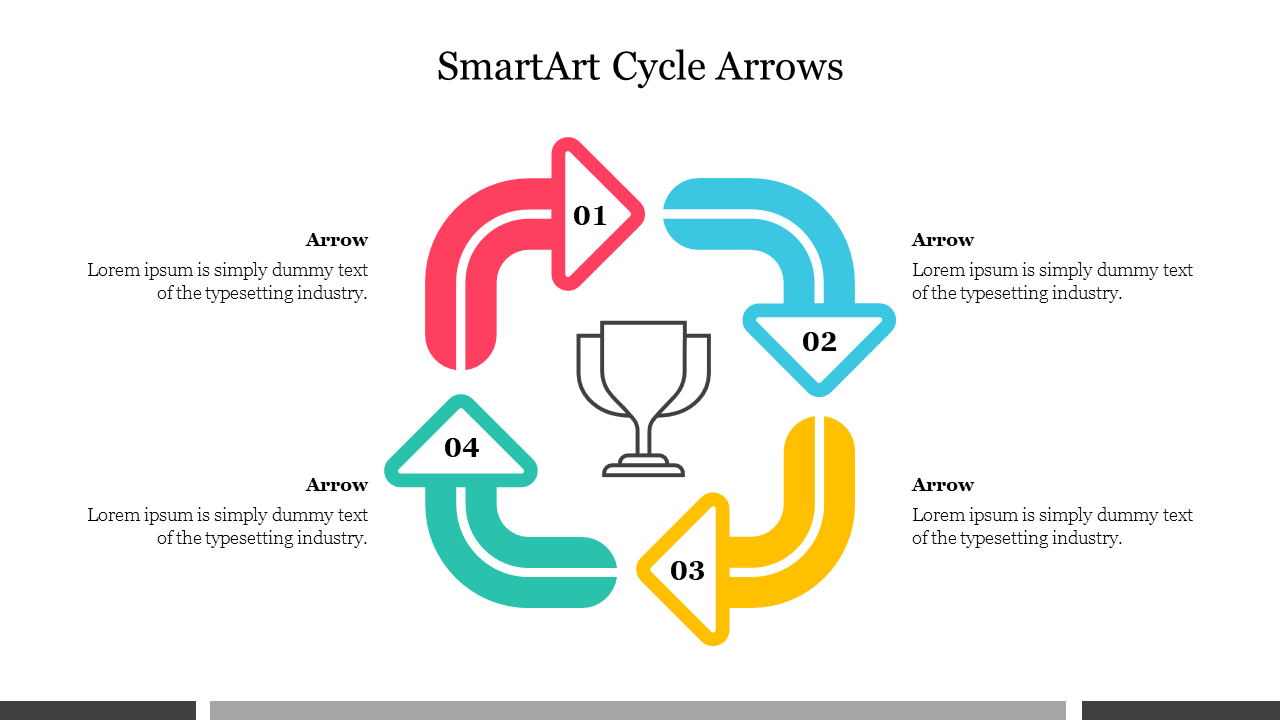 A circular SmartArt diagram slide with four colored arrows labeled 01 to 04, surrounding a trophy icon in the center.