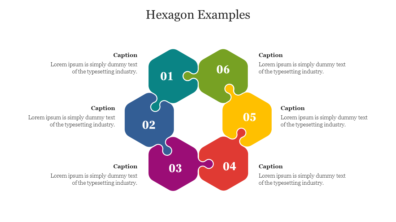 Circular diagram slide featuring six colorful hexagons with numbered sections, each with a caption space.