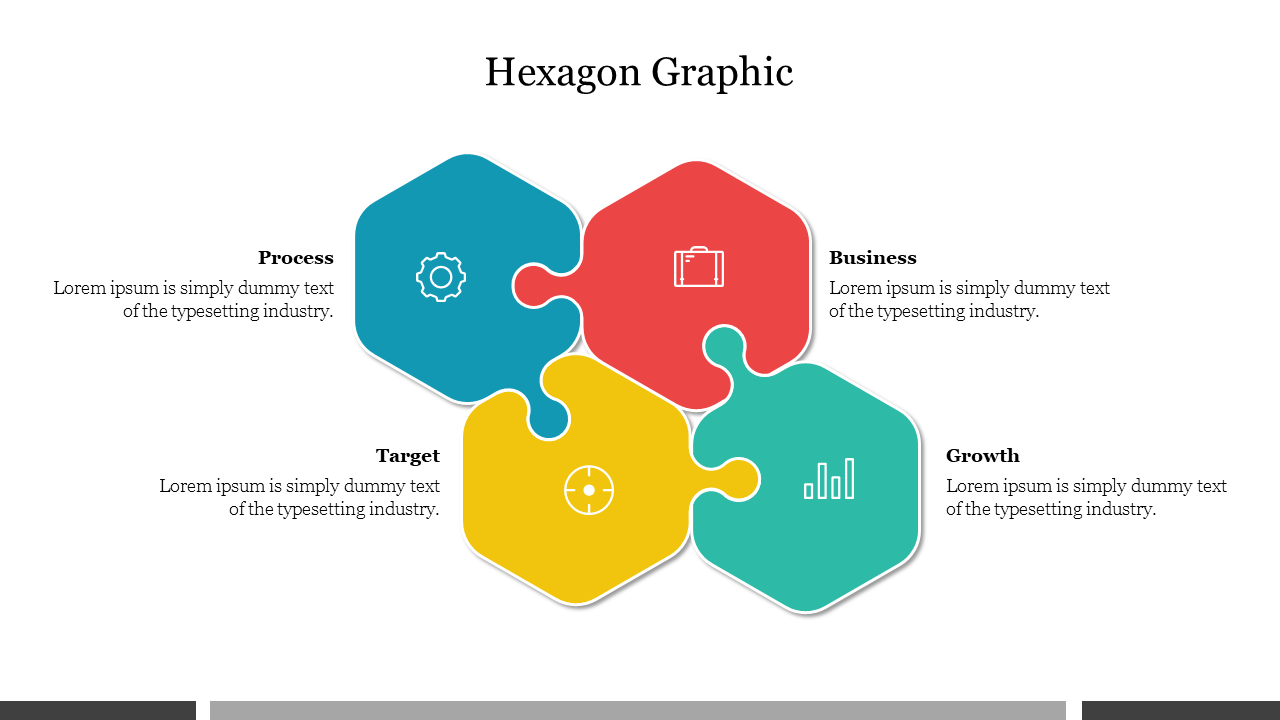 Hexagonal graphic with four segments, each representing Process, Business, Target, and Growth with matching icons.