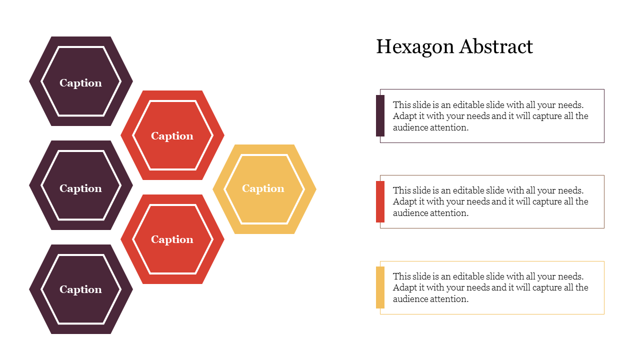 Abstract hexagonal design with three purple, two red, and one yellow hexagon on the left, with text boxes on the right.