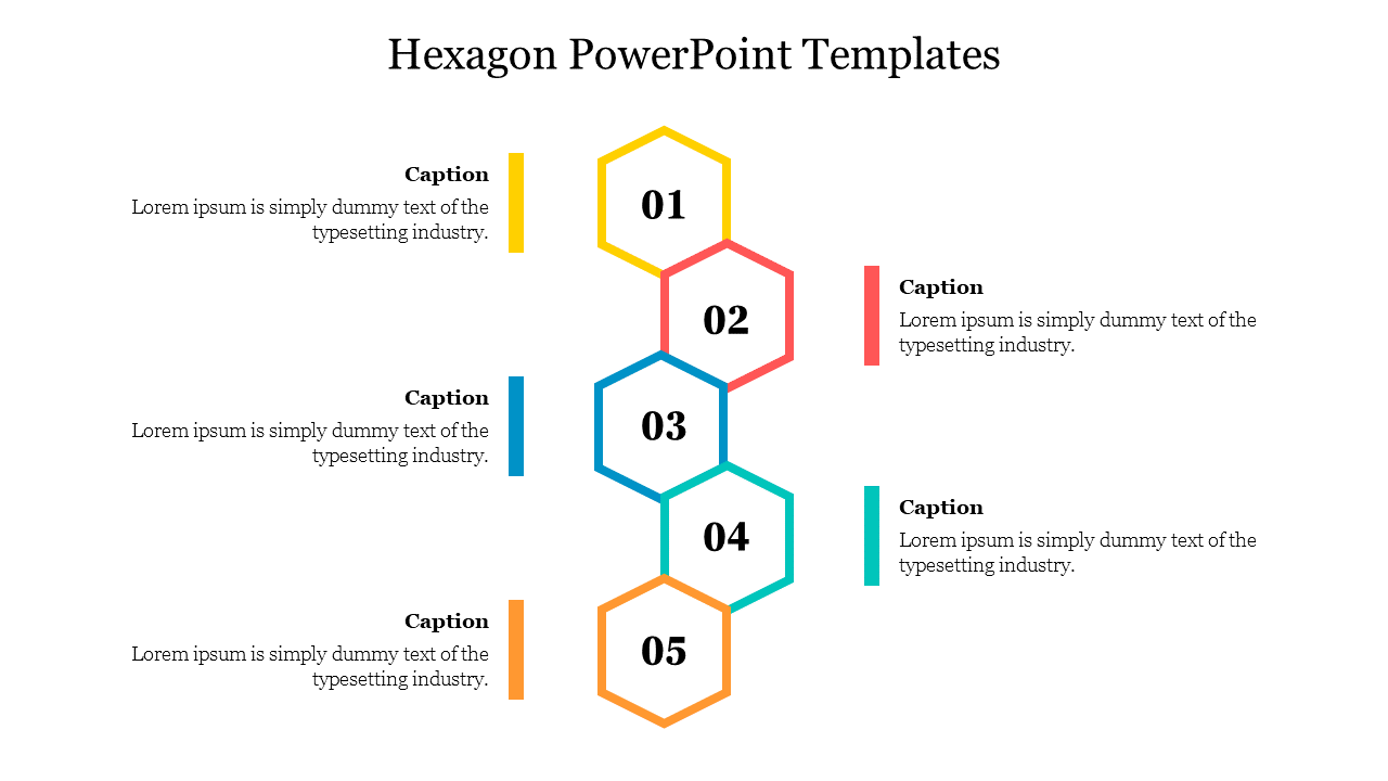 Hexagon PowerPoint template with numbered hexagons and captions for each step or section.