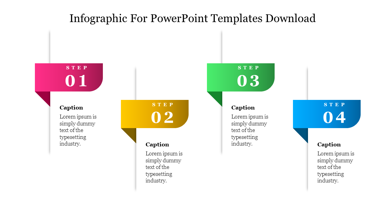 Infographic slide showing a four step process with colorful indicators and placeholder text for each step.