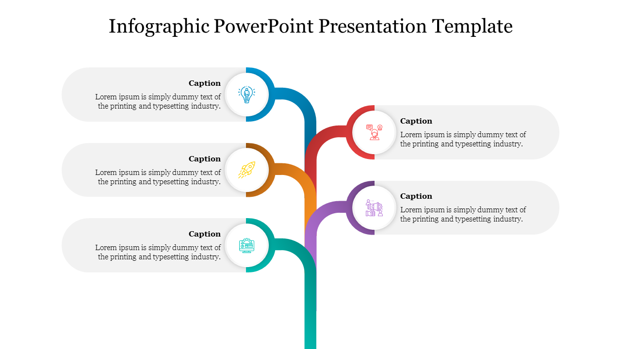 Infographic PPT template with five colorful icons, each representing a step in a process with captions underneath.