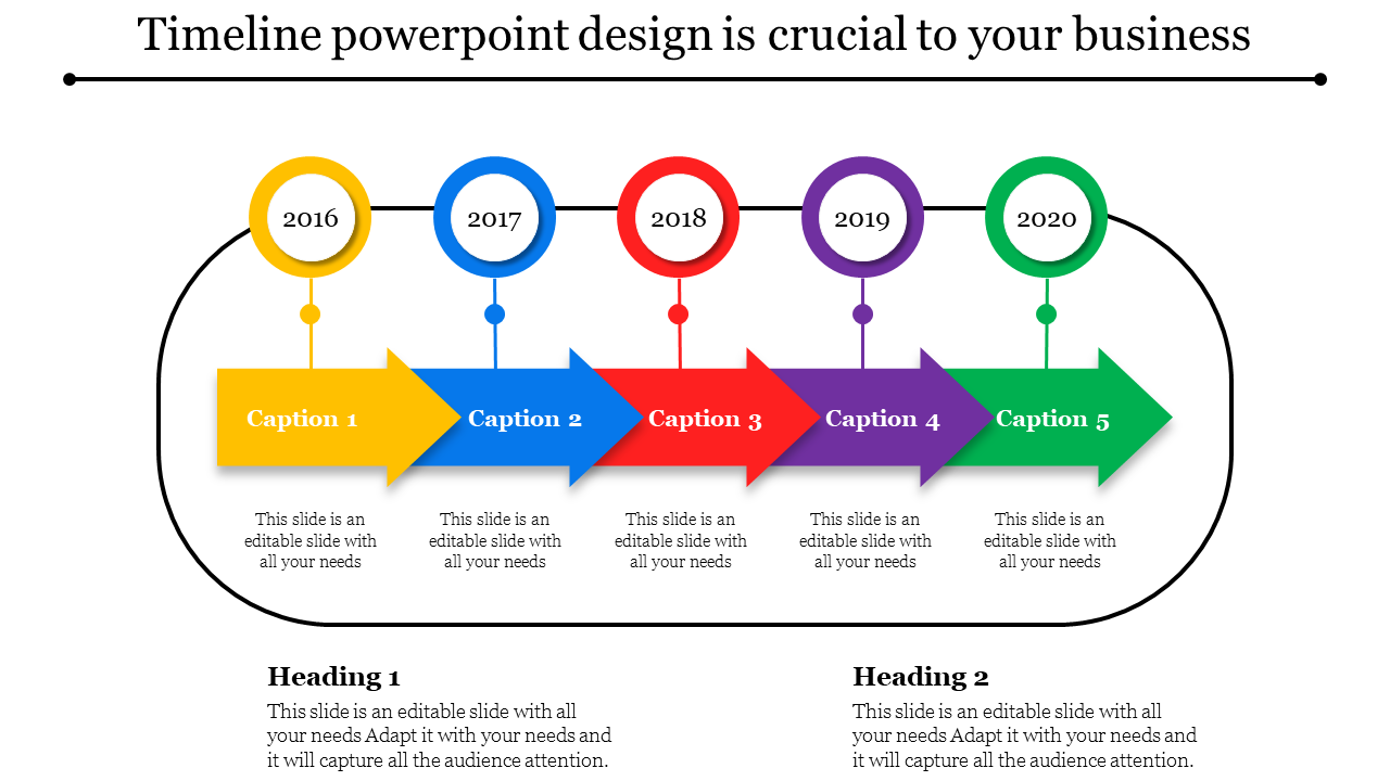 Colorful timeline slide design from 2016 to 2020 with arrow captions representing key milestones for each year.