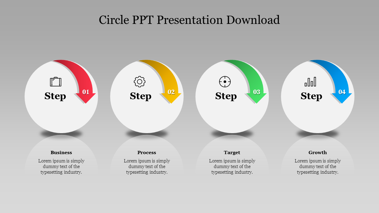 Four step circular infographic with arrows in red, yellow, green, and blue, each linked to a white circle with icons.