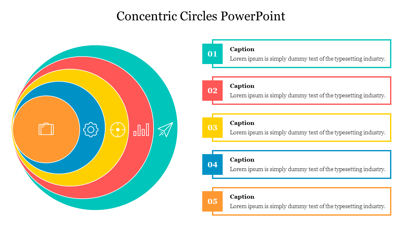 Slide featuring a colorful concentric circle with icons and captions, illustrating a concept visually.