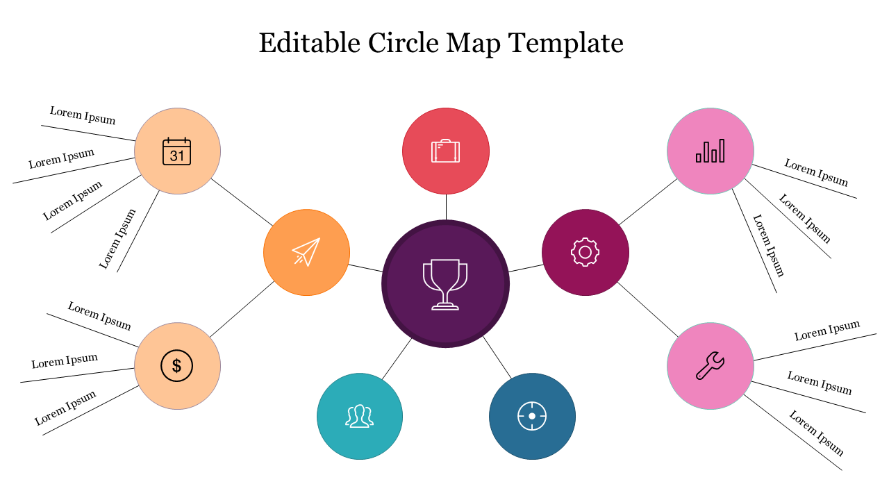 Circle map template with central icon and eight colorful connected elements with placeholder text.