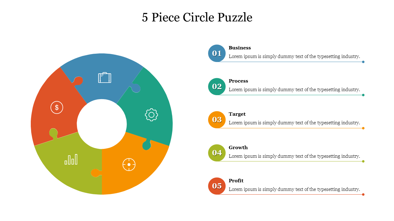 Circular puzzle divided into five colored sections with icons, paired with corresponding numbered text on the right.