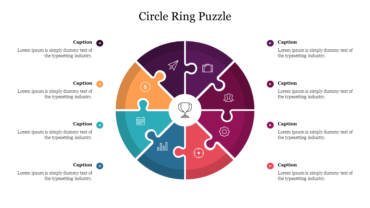 Circular puzzle diagram with seven puzzle pieces like a ring with each having an icon and placeholder text.