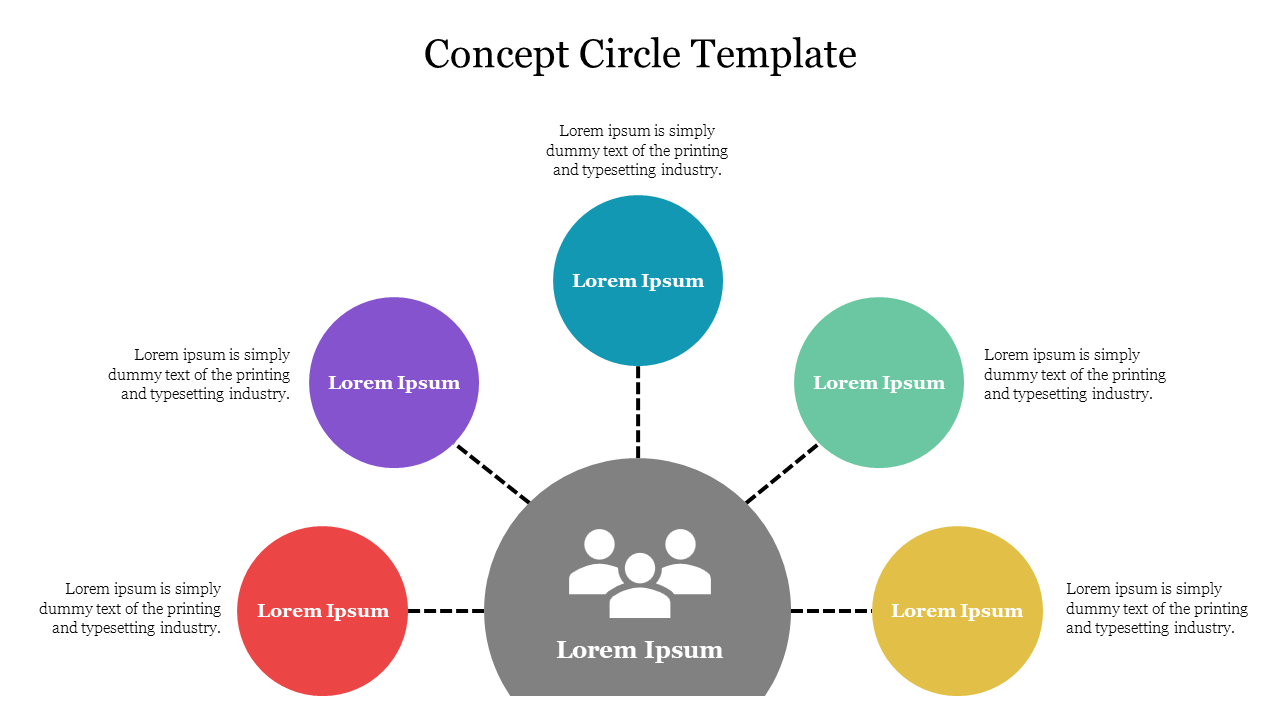 Concept Circle slide featuring a central grey circle with icons, connected to five colorful circles with placeholder text.