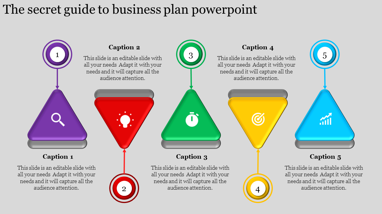 Business plan slide with five colorful triangles in purple, red, green, yellow, and blue, connected to numbered circles.