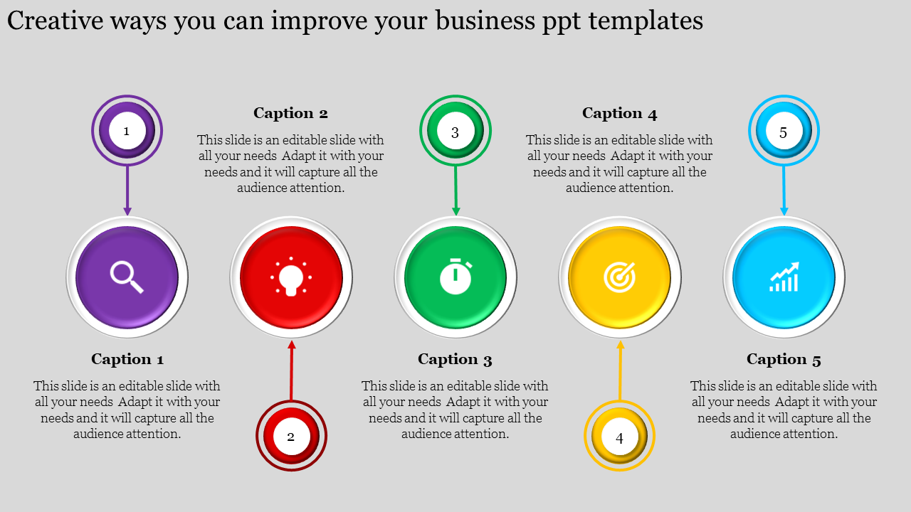 Business process infographic with five colorful sections showing sequential icons with captions and vertical arrows.