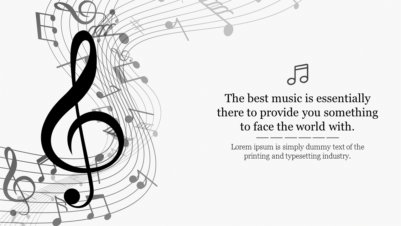 White background with gray swirls, featuring a large black treble clef and musical notes.