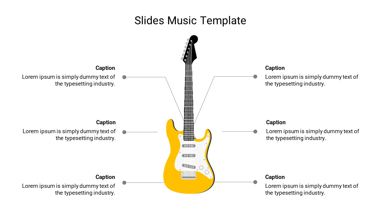 Music slide featuring a yellow electric guitar in the center, with six labels pointing to its components through lines.