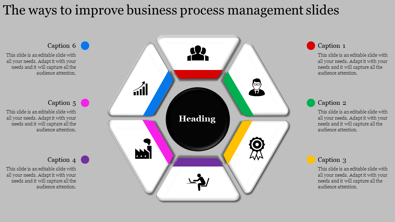 Hexagon shaped diagram with colored segments, each labeled with a caption and icon, highlighting business processes.