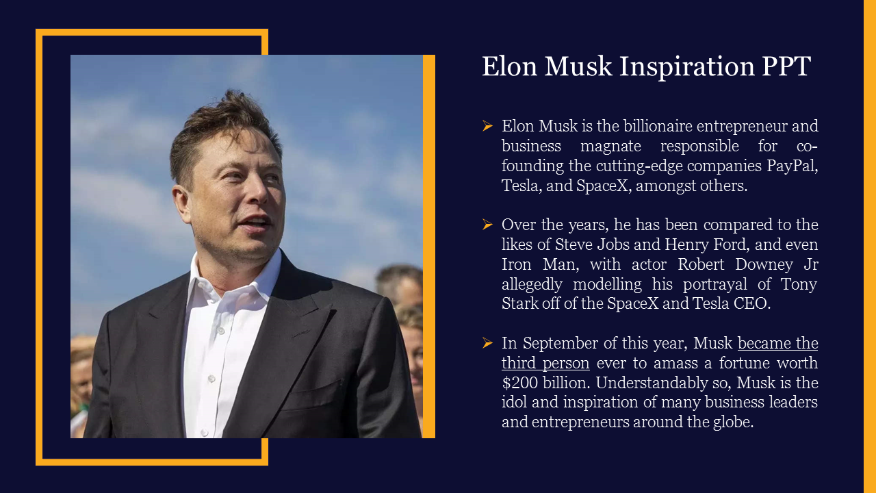 Slide featuring a portrait of Elon Musk with text highlighting his achievements as a billionaire entrepreneur.