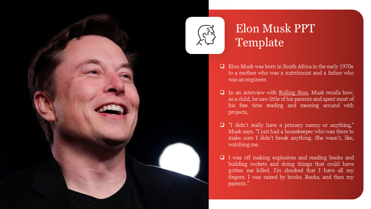 A slide featuring Elon Musk's photo, with a red text box on the right containing bullet points about his early life.