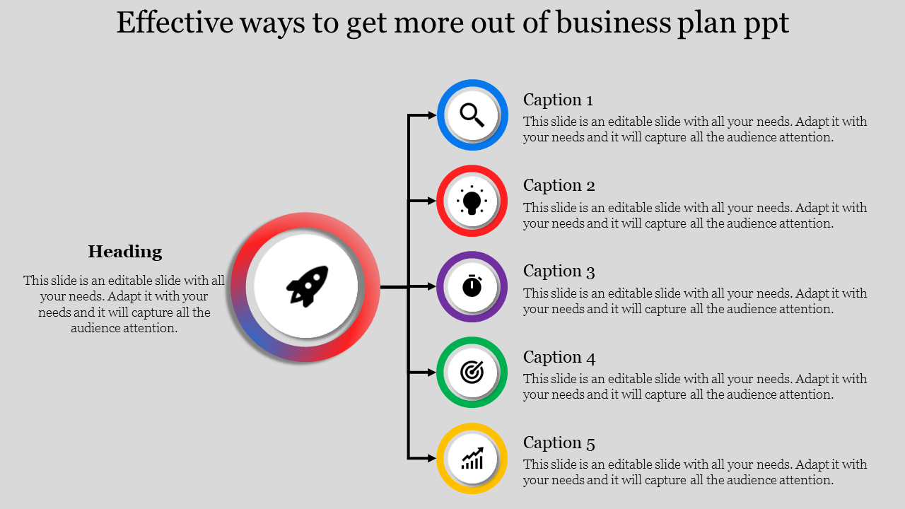 A business plan PowerPoint template featuring five colorful steps with icons and placeholder text.