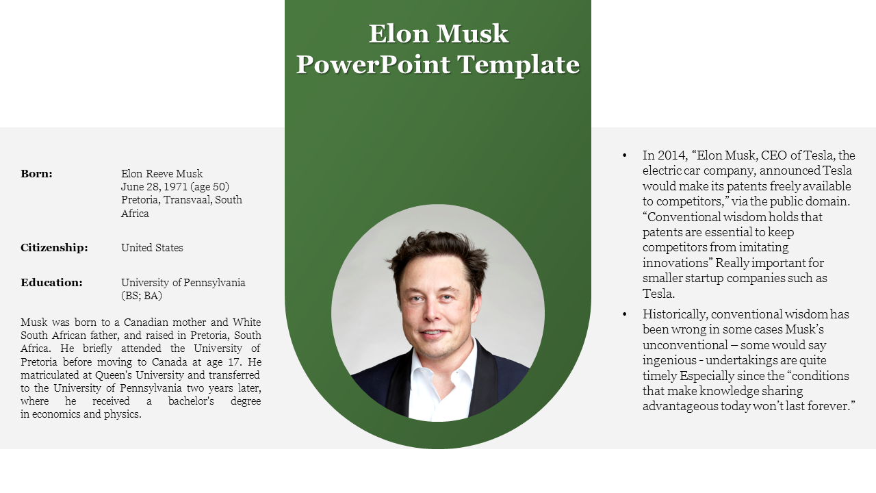 Slide with an image of Elon Musk and brief biographical information on a green background.