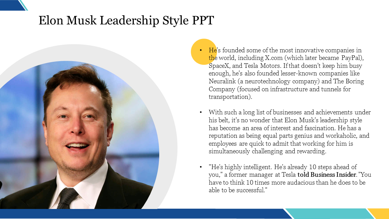 Elon Musk's photo displayed in a circular frame, with a text block outlining his leadership style to the right.