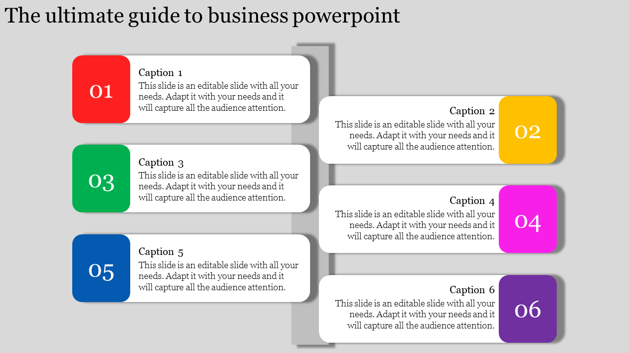 Business guide slide with six numbered captions, alternating colors, and with placehoilder text areas.