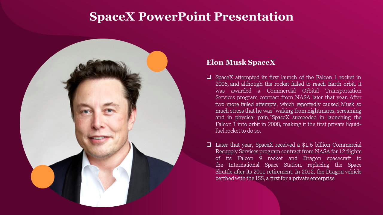 Slide with Elon Musk's photo on a circular cutout with orange accents, and text, set on a maroon background.