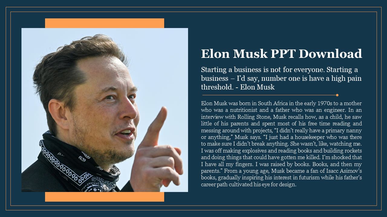 Elon Musk in a thoughtful pose in yellow accents, with a business quote and biography text, on a dark blue background.